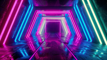 An immersive 3D render of an abstract futuristic neon background with glowing ascending lines