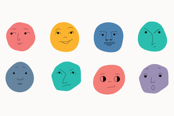 round abstract Faces with various Emotions. Different colorful characters. Flat design.