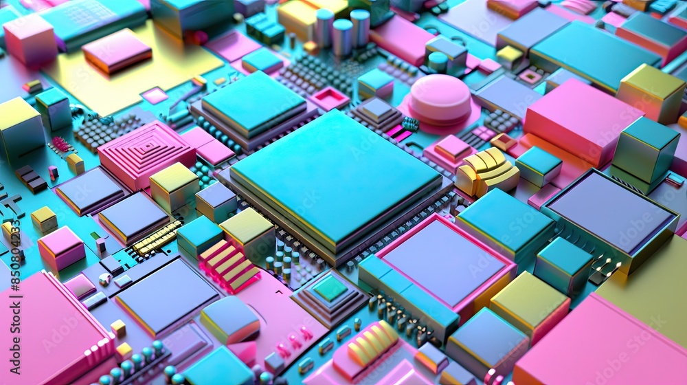 Poster a vibrant abstract 3d rendering of a colorful circuit board with geometric shapes, representing mode
