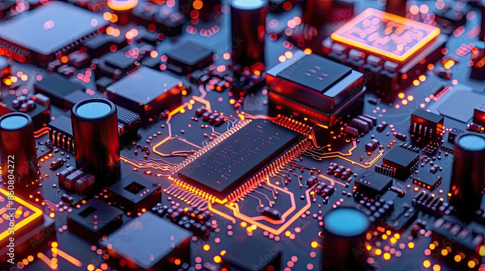 Poster close-up of a glowing circuit board with intricate electronic components, showcasing modern technolo
