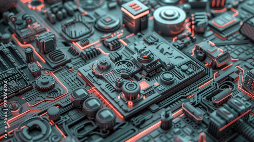 Aufkleber close-up view of a detailed futuristic circuit board with intricate components and red neon glow, sh