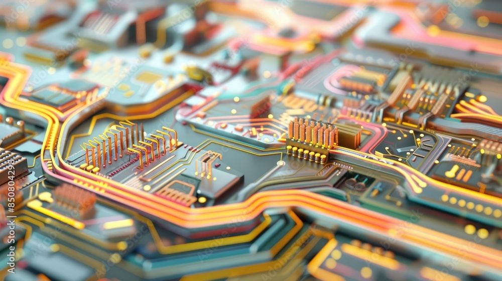Poster close-up of a colorful integrated circuit on a motherboard showcasing detailed electronic components