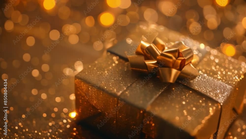 Poster this golden gift box with a bow sits on a sparkling surface, illuminated by warm lights.