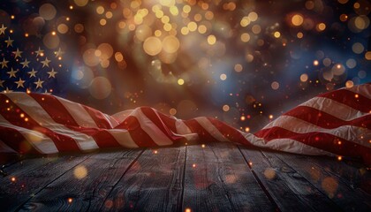 Rustic Wooden Tabletop With Blurred American Flag and String Lights at Dusk