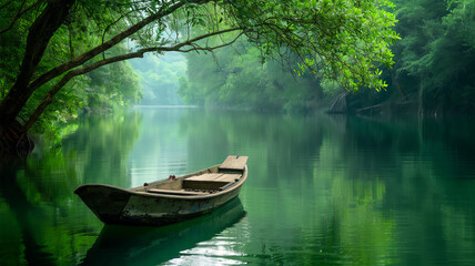 A tranquil river scene with green trees reflecting in the clear water. A lone wooden boat floats smoothly on the river, creating a peaceful and almost fairy tale atmosphere of natural beauty.