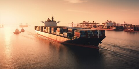 Massive Cargo Ship at Sunset in Harbor