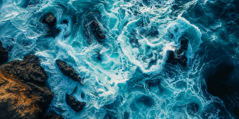 Drone view of rough ocean surf and waves hitting the rocky shoreline