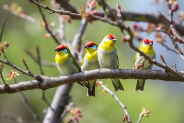 Obraz premium Four Colorful Birds Perched on a Branch