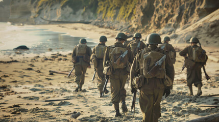 A group of soldiers in military gear walking along a serene beach, blending historical imagery with natural beauty.