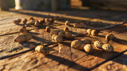 A close-up view of several peanuts resting on a rustic wooden surface, with dramatic lighting casting shadows and adding texture, creating an earthy, warm atmosphere.