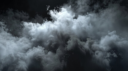 Fototapeta premium Swirling, dense white smoke clouds against a dark background create a mysterious and ethereal atmosphere.