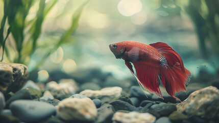 Obraz premium Vibrant Red Betta Fish Swimming in a Lush Aquatic Environment