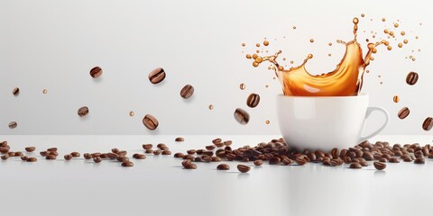 Coffee splashing out of a white cup surrounded by coffee beans against a white background, capturing the dynamic motion of liquid in mid-air.