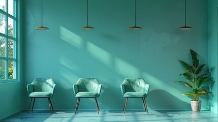 Minimalist Room Interior with Turquoise Walls and Green Chairs