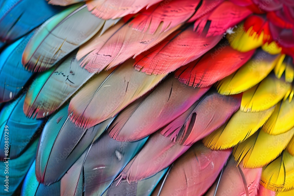 Poster vibrant closeup of multicolored parrot feathers showcasing intricate textures