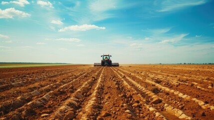 Obraz premium A tractor plowing a vast field under a clear blue sky, preparing the soil for planting, showcasing modern agricultural practices. 