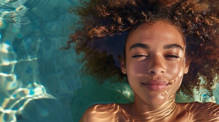 Close-up of a smiling girl with curly hair floating in crystal-clear water, reflecting sunlight, enjoying a peaceful moment in a swimming pool.