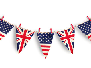 Colorful abstract backdrop with American and British flag banners for a lively baby theme.