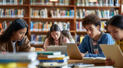 High school students studying with laptops in a well-stocked library, the diverse group is immersed in learning and collaboration in a quiet, resource-rich setting.