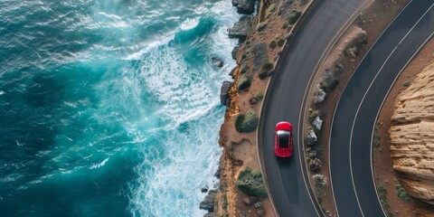 Aerial view of a red car driving along a winding coastal road next to crashing blue ocean waves. Ideal for travel and adventure themes. - Powered by Adobe