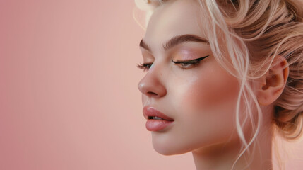 Fototapeta premium Elegant female profile with detailed makeup, against a pink backdrop, capturing soft highlights and serene expression.