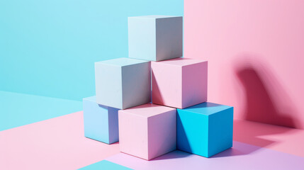 Fototapeta premium A neatly stacked arrangement of pastel blocks on a pink and blue backdrop embodies modern simplicity.