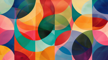 A kaleidoscopic arrangement of overlapping geometric shapes, embodying playful, bright colors and dynamic patterns.