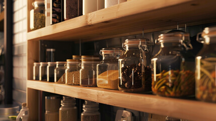 Fototapeta premium Jars of various grains, spices, and pulses neatly arranged on rustic wooden shelves in a well-organized pantry, showcasing a blend of functionality and style.