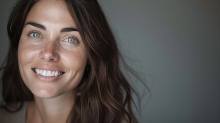Naklejka premium Portrait of charming young woman. Female Caucasian model with brown hair and blue eyes smiling looking at camera. Lifestyle concept