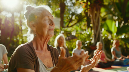 Fototapeta premium An elderly woman meditates peacefully outdoors in a sunlit garden, her eyes closed and hands raised in a gesture of calm and relaxation, surrounded by nature.
