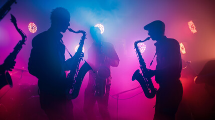 Jazz band members playing saxophones amidst colorful stage lights, creating an enchanting aura.