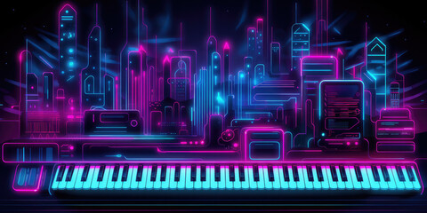 Fototapeta premium Neon Futuristic City Keyboard Synthesizer Design