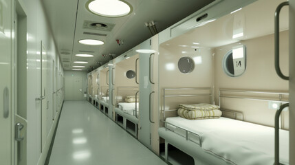 Fototapeta premium A spacious, sleek capsule hotel hallway with soft lighting, offering a view of neatly arranged sleeping pods and inviting bedding.