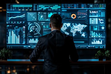 Businessman Analyzing Data on Large Screen
