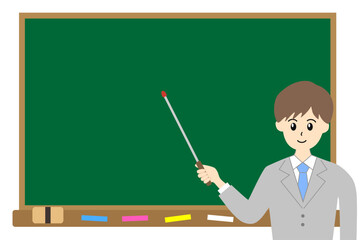 黒板でポイントを説明するスーツ姿の男性の先生イラスト