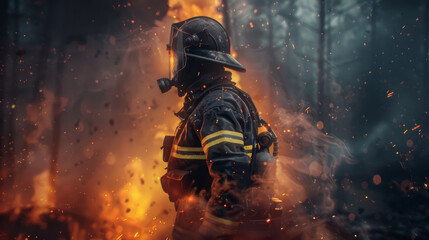 Fototapeta premium A brave firefighter in full protective gear, surrounded by fiery chaos and burning debris, focused on the mission to quell the blaze.