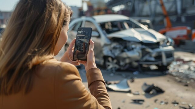 A woman is taking a picture of a car accident with her cell phone