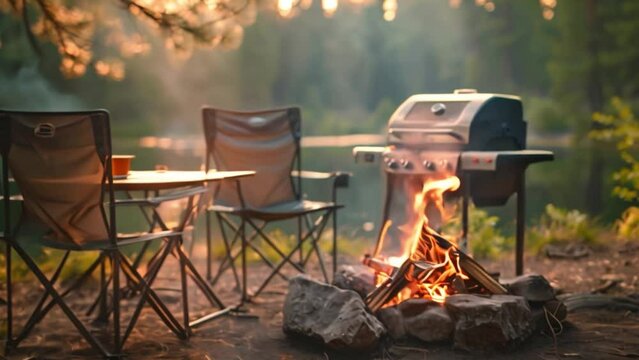 This propane grill is set up next to a small campfire in the woods with two folding chairs nearby.