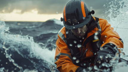 A worker in orange safety gear performs a task on an ocean platform, observing the rough, foaming sea below, symbolizing resilience and courage.