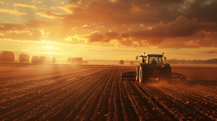Fototapeta premium A tractor cruises through a field at sunset, producing a dramatic silhouette against a richly colored sky.