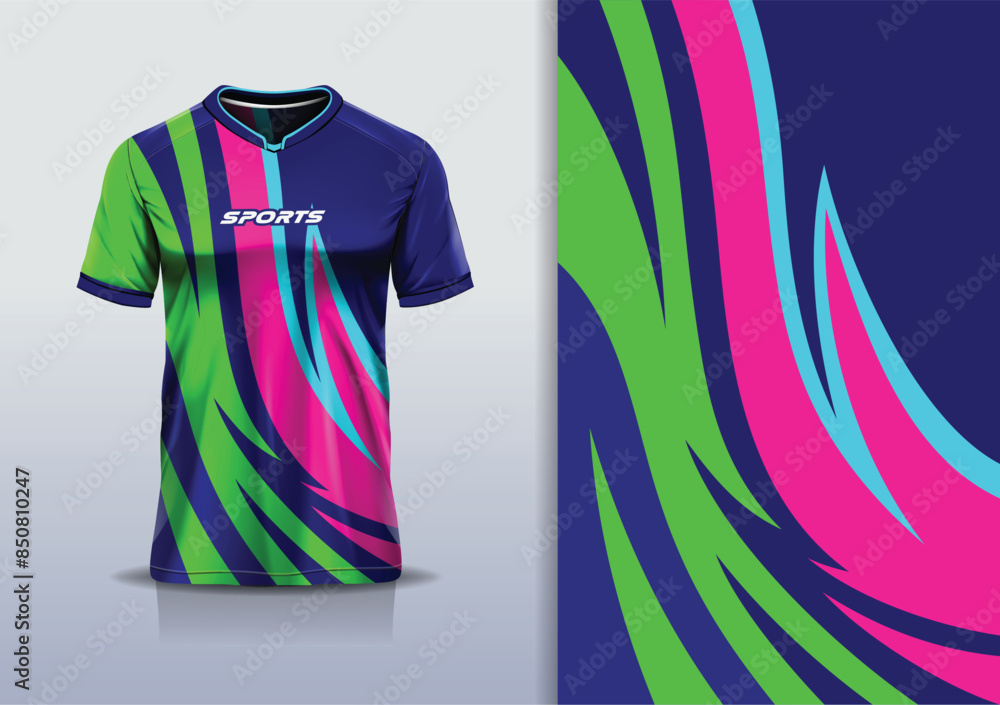 Wall mural Sport jersey template mockup curve wave design for football soccer, racing, running, e sports, blue pink green color - Wall murals