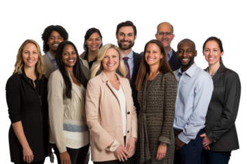 A diverse group of corporate employees happily posing for a group photo.