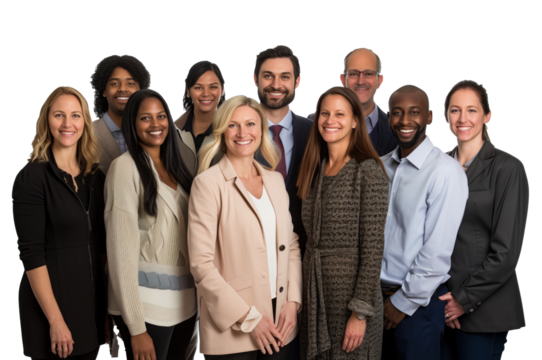 A diverse group of corporate employees happily posing for a group photo.