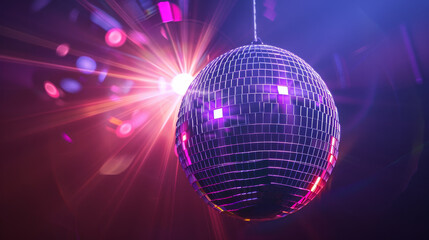 Obraz premium A sparkling disco ball hanging in a vibrant, colorful environment, illuminated by bright lights and beams.