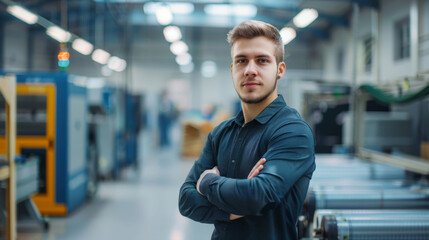 Obraz premium A proud young man with crossed arms stands confidently in a clean, well-lit industrial space, reflecting determination and achievement.