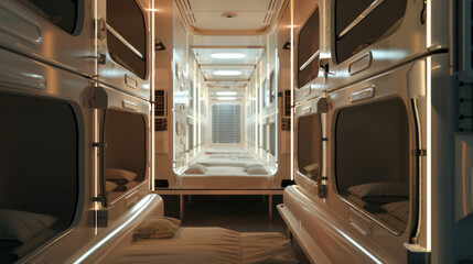 A futuristic, sci-fi-inspired capsule hotel hallway, lined with cozy, compact sleeping pods, warmly lit for a welcoming atmosphere.
