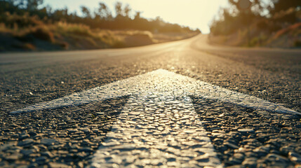 Close up asphalt road with a painted white arrow pointing forward, concept of continuous growth progress and symbolizing motivation goal