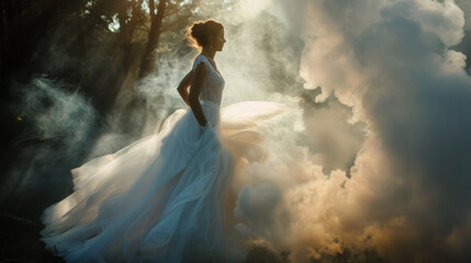 Fototapeta premium A dreamy silhouette of a woman in a flowing white dress surrounded by mist and soft light, evoking a sense of magic and elegance.