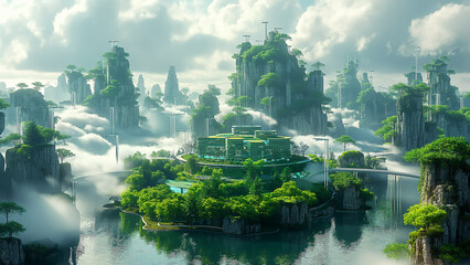 A futuristic green or eco-friendly cityscape, buildings with innovative designs covered by lush greenery. For eco-city or sustainable living concepts.