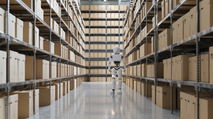 A humanoid robot navigates a well-organized warehouse filled with cardboard boxes, highlighting modern automation in logistics and storage.